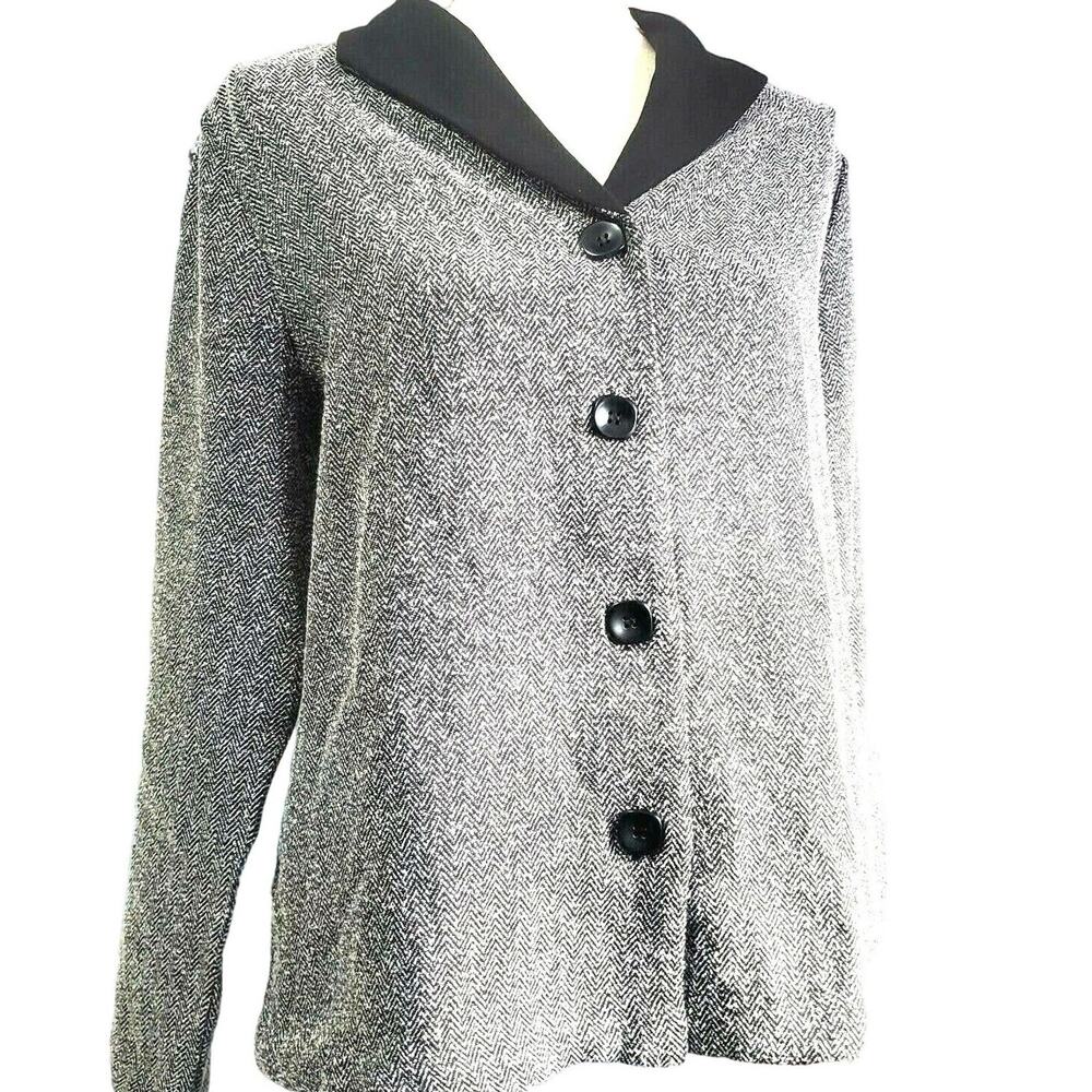 Norm Thompson Herringbone Cardigan Jacket Size M Black & White 2 Pockets Classic